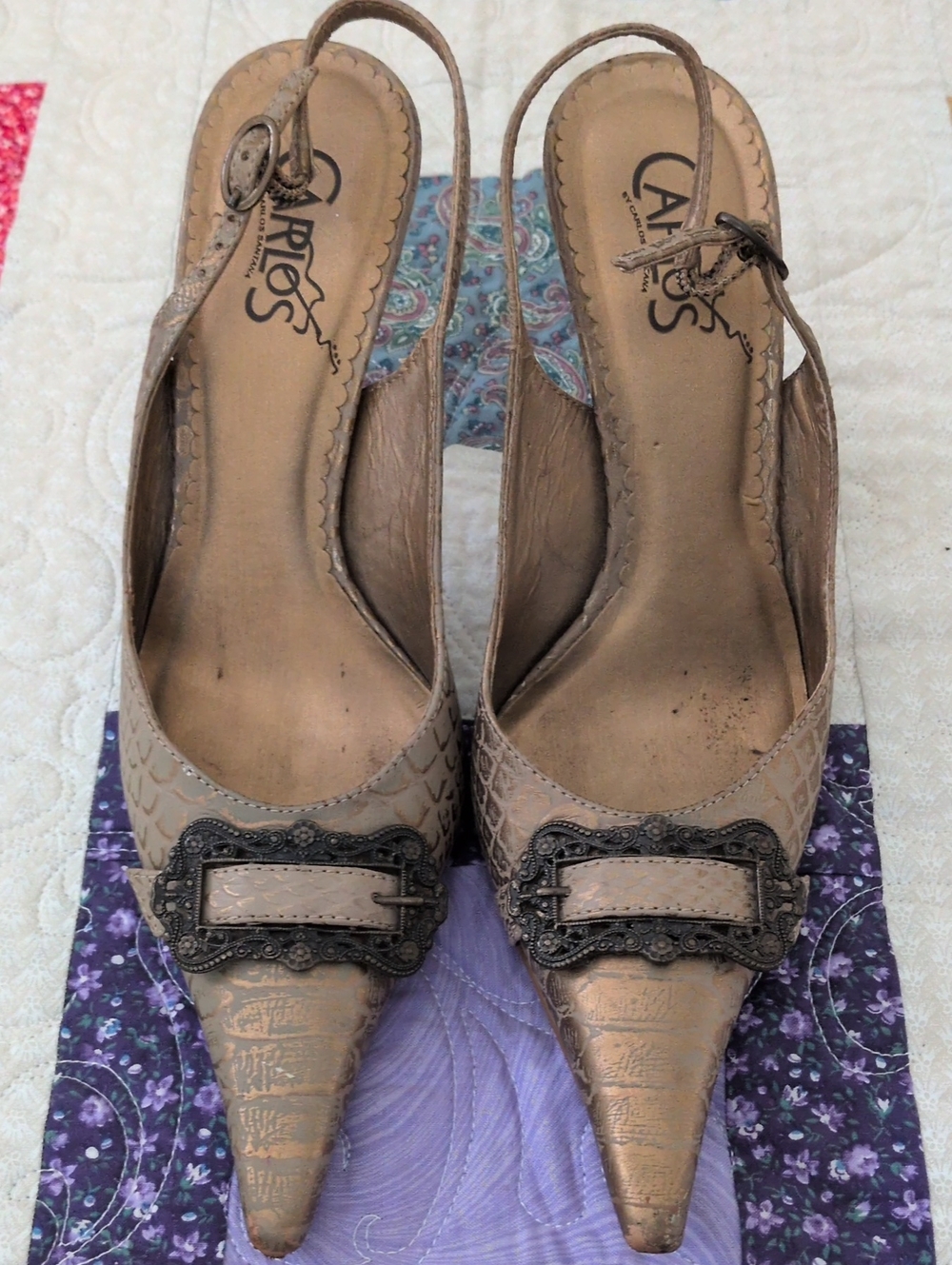Vintage Y2K Carlos Santana Metallic Beige Pointed Slingback Heels with Buckle